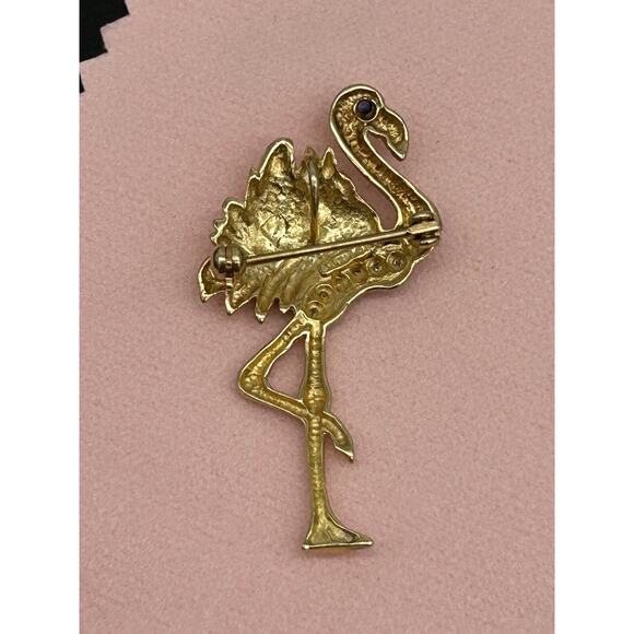 Vintage 14K Gold Flamingo Brooch Pendant Diamond Sapphire BIRD Estate Pin 3.33g - Picture 6 of 15
